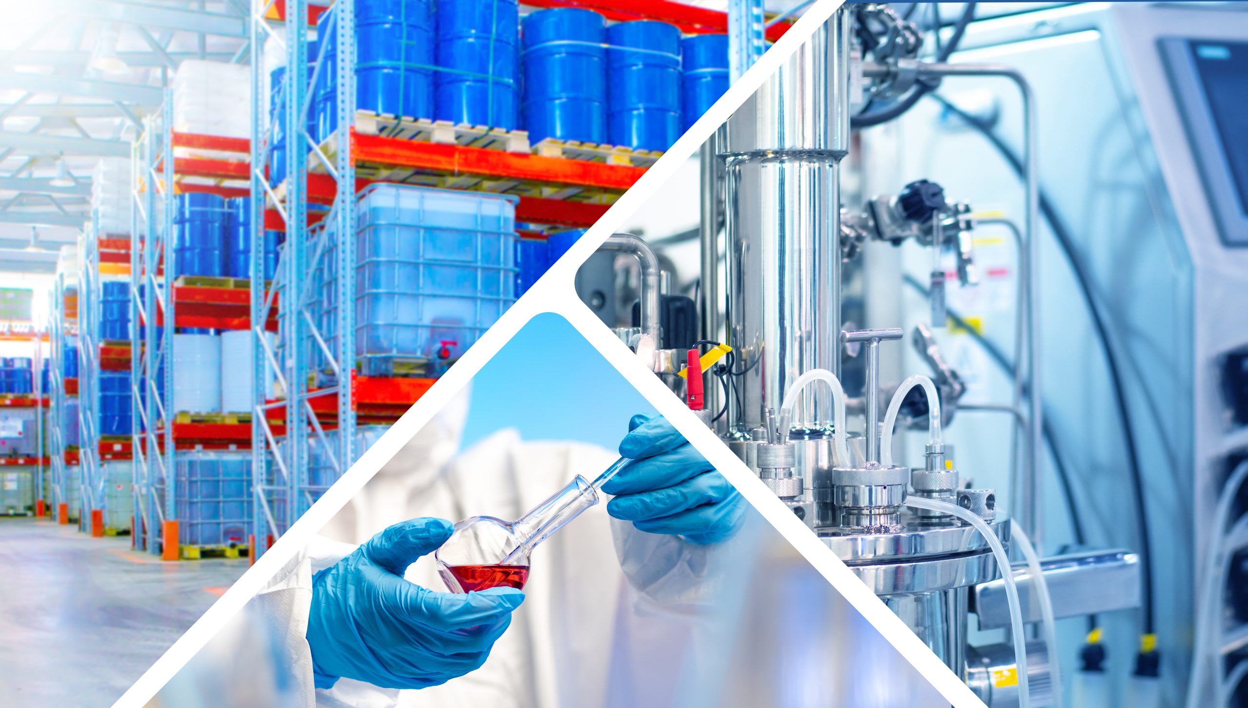 Chemical industry, Supply chain. Warehouse storage of industrial barrels, laboratory testing of liquids, and automated processing equipment in modern manufacturing facility. logística para indústrias químicas