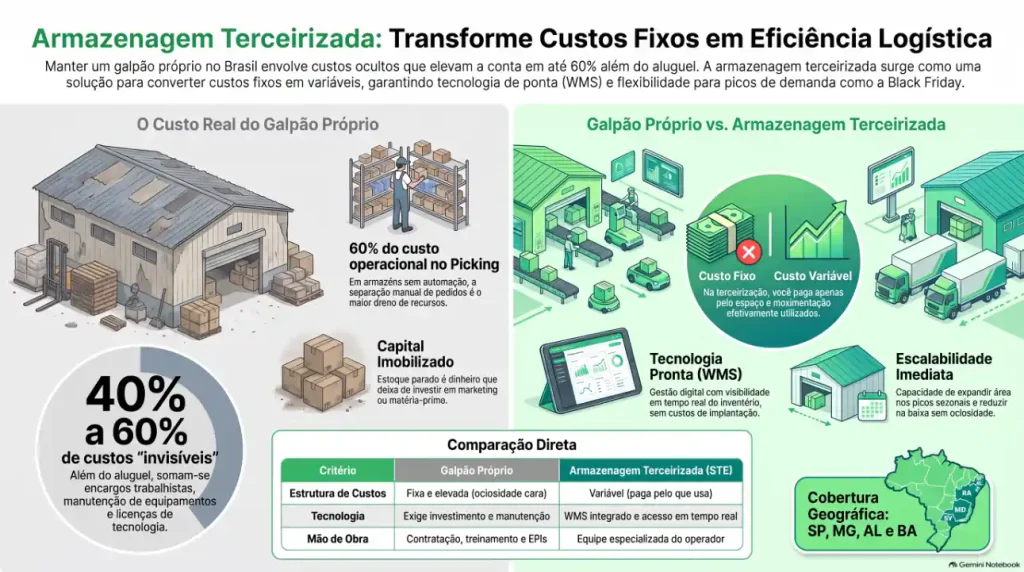 Infográfico sobre Armazenagem Terceirizada: transferência de custos fixos para custos variáveis, comparando galpão próprio e armazenagem terceirizada (STE), com tecnologia WMS e escalabilidade.