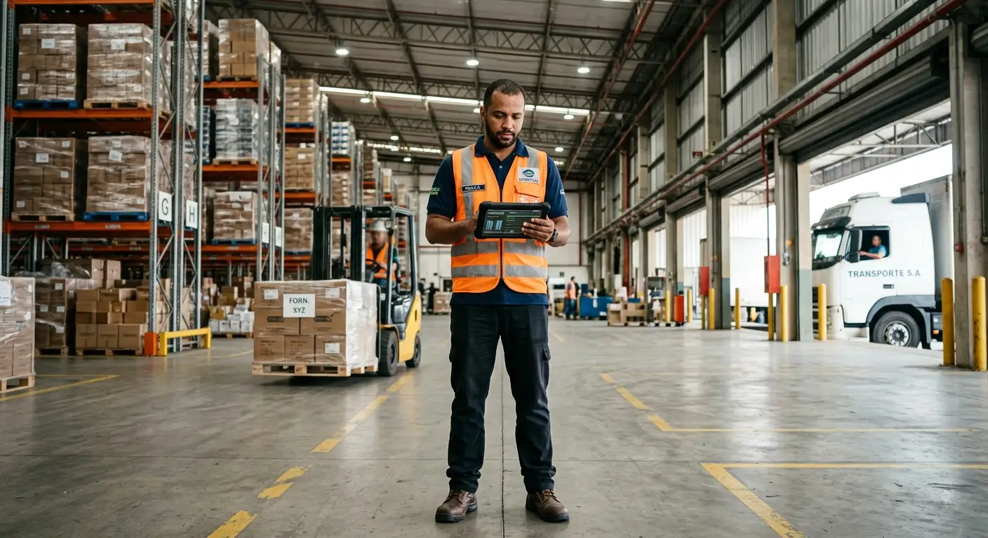 Trabalhador em galpão logístico com uniforme laranja e colete refletivo segurando uma caixa com notebook, entre docas e empilhadeiras ao fundo, em área de armazenamento.