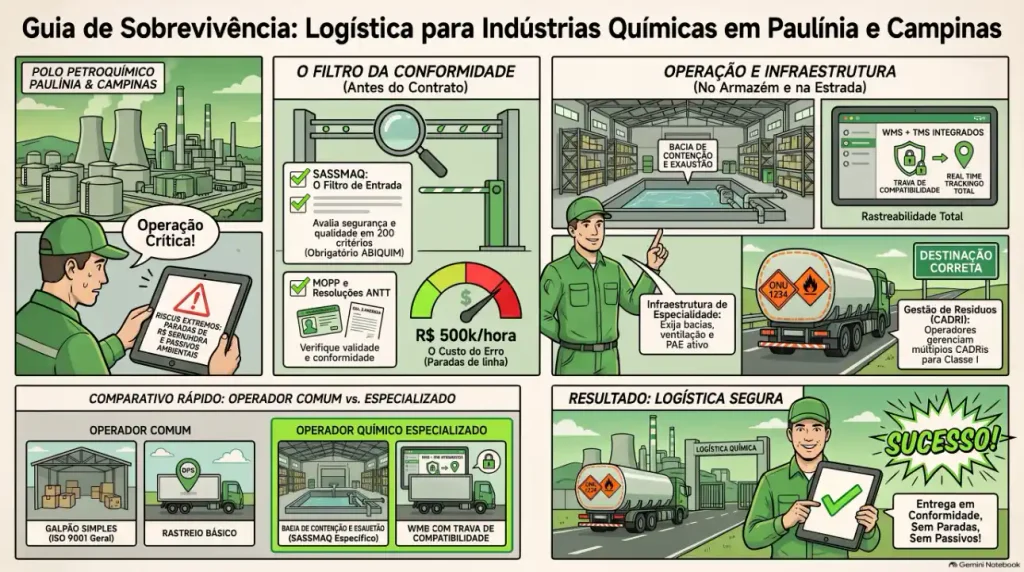 Guia de Sobrevivência: Logística para Indústrias Químicas em Paulínia e Campinas com ilustrações de segurança, operação e infraestrutura, incluindo rastreabilidade e gestão de resíduos