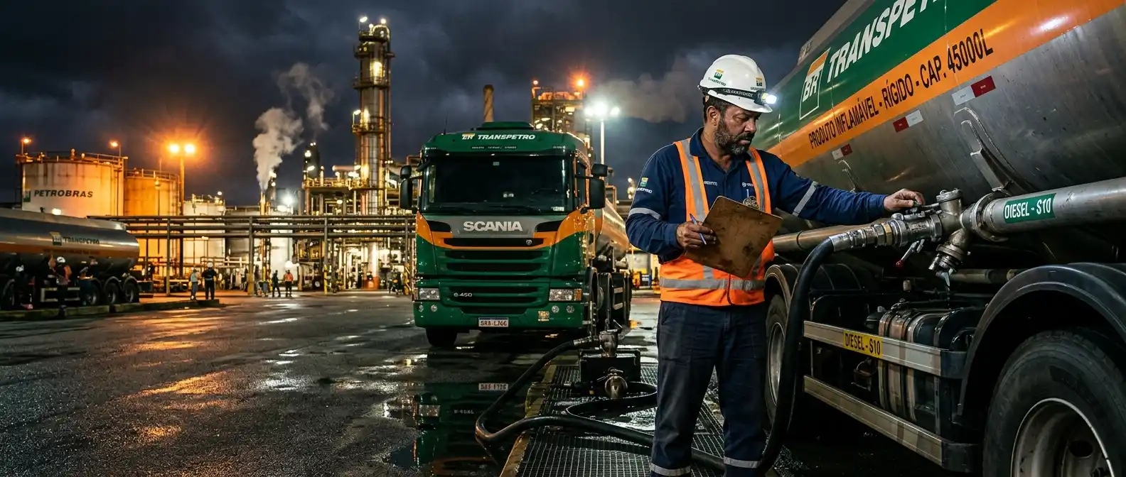 Operador industrial ao lado de caminhão-tanque em área de refinaria à noite, com tubulações e iluminação de fábrica ao fundo, em contexto de logistica para industrias quimicas em paulinia e campinas