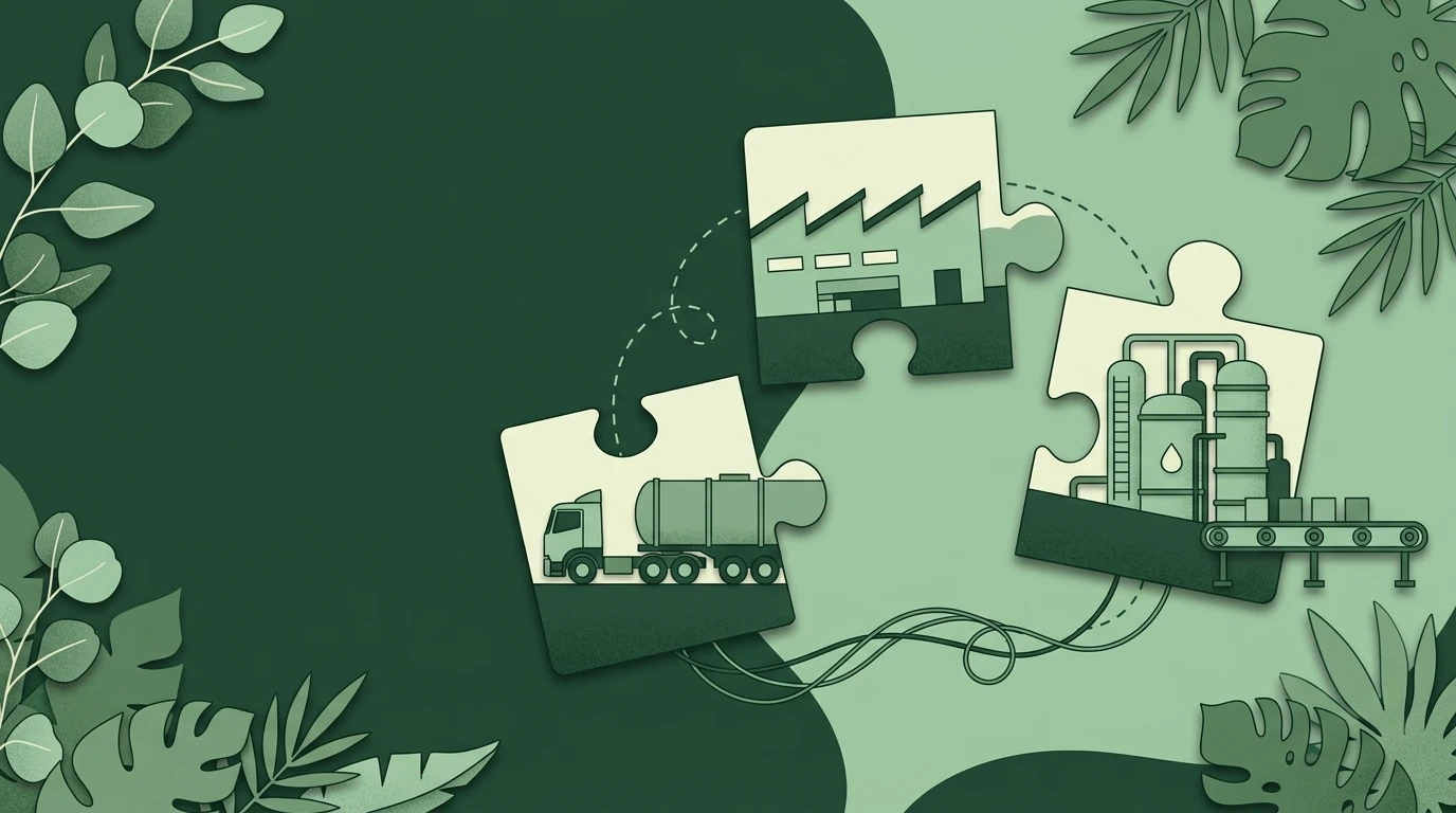Ilustração com peças de quebra-cabeça mostrando veículos e infraestrutura de transporte, simbolizando a fragmentação da operação logística entre etapas